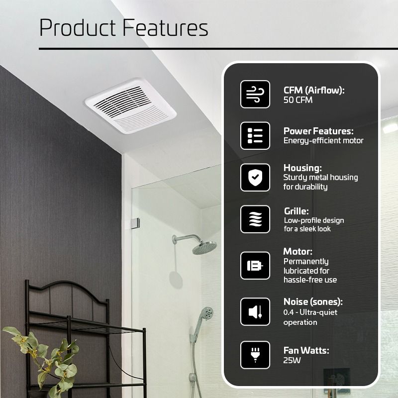 50 CFM 0.9 Sones ACiQ SlimLine Bathroom Exhaust Fan - view 2