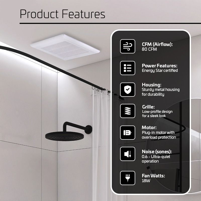 80 CFM 0.6 Sones ACiQ Ultra Quiet Bathroom Exhaust Fan - view 3