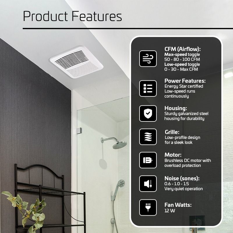 50-80-100 CFM 0.6 Sones ACiQ SlimLine Bathroom Exhaust Fan - view 2